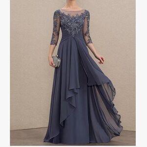 Elegant Stormy-Blue Chiffon & Lace Maxi Dress